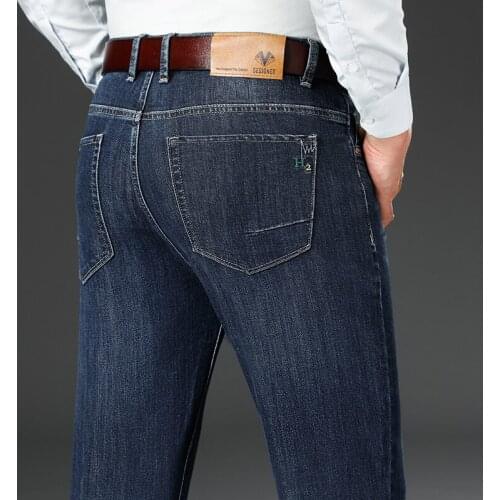 2021 Autumn Winter Fit Straight Stretch Jeans Classic Smart Style Embroidery Mens Business Casual Jeans Black Dark Blue