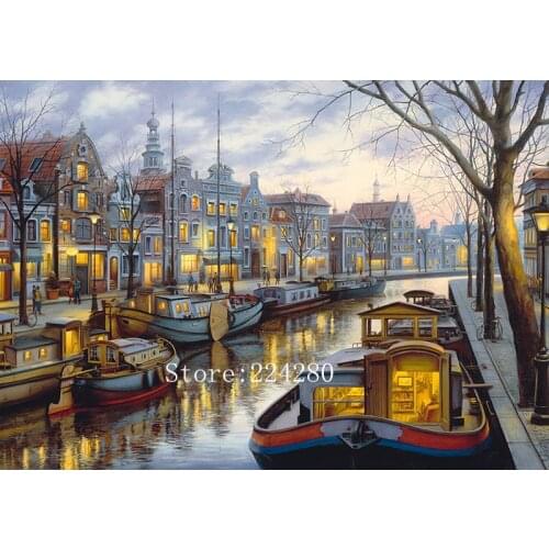 Oil Painting Scenery Counted Cross Sewing Kits Needlework Crafts 14CT DIY Art Handmade Home Decor Canal, boat