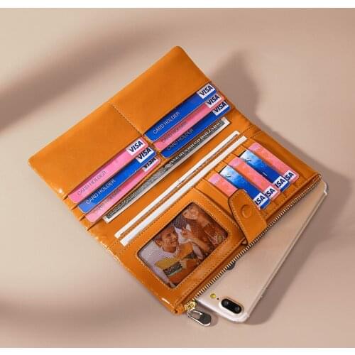 New RFID Women Wallet First Layer Cowhide Business Retro Long Ladies Wallet Oil Leather Female Bag