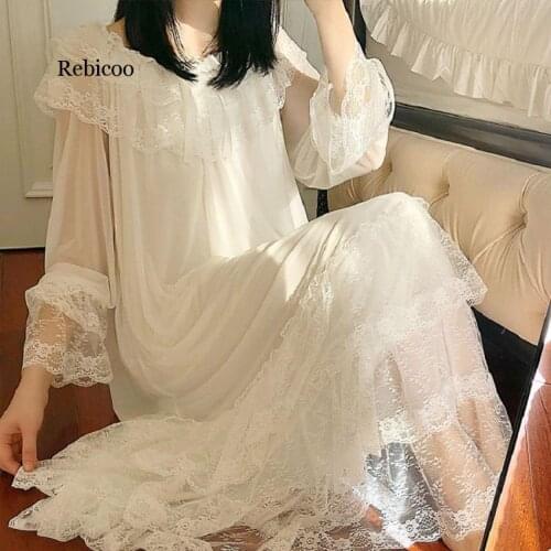 Autumn White Gauze Cotton Womens Nightgowns Lace Long Sleepwear Elegant Female Vintage Princess Night Dress Home Wear