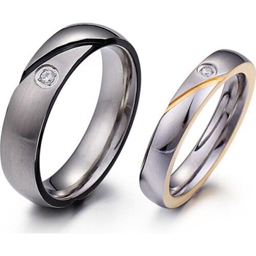 Couple wedding rings for men and women lovers alliance black gold plated titanium stainless steel women finger ring with stone