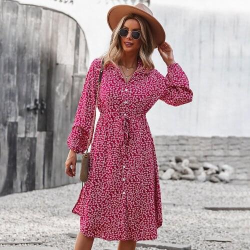 Fashion Woman Spring New Bandage Dress Women Casual Long Sleeve Button Floral Print Dress For Woman Autumn Holiday Style Dress