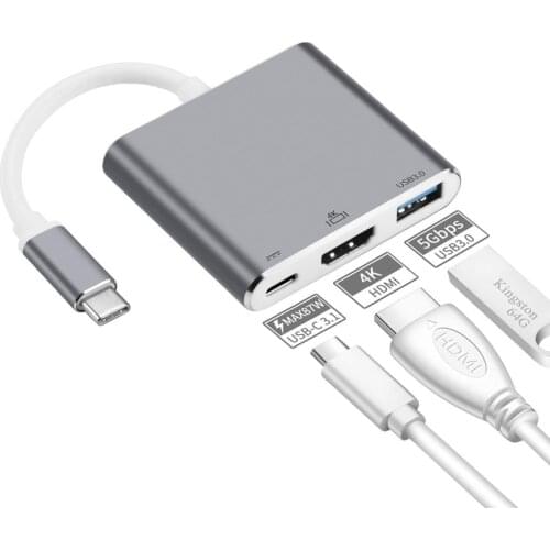 4K 3in1 Portable Converter Adapter USB hub Aluminum USB 3.1 Type-C to HDMI/USB 3.0/USB-C Multiport Adapter For Macbook Adapter