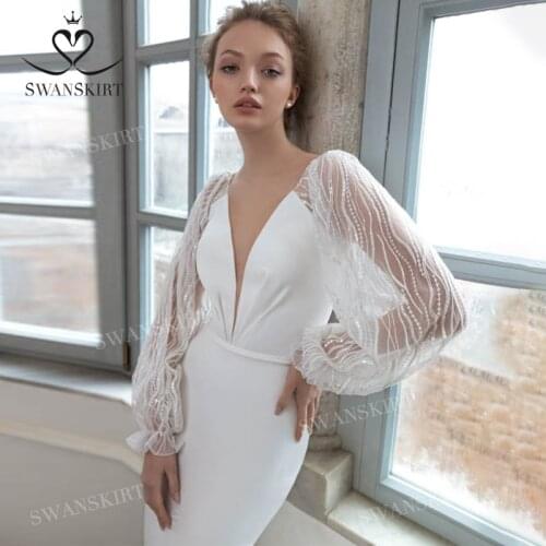 Romantic Satin Wedding Dress V-neck Lace up Mermaid Bridal Gown Puff Sleeve Princess Swanskirt P120 Customized Vestido de novia