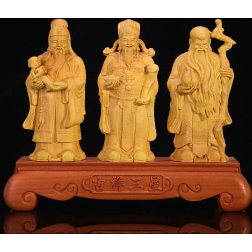 Boxwood Home Buddha Statue 20cm Fu Lu Shou Three-star Wood Carving Ornaments Birthday Gifts Retirement Gift Chinese New Year