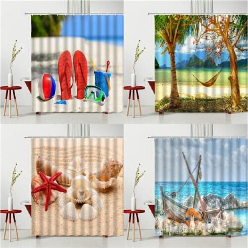 Summer Beach Scenery Shower Curtain Coconut Tree Shell Waterproof Polyester Fabric Bedroom Bathroom Decoration Curtains Ready