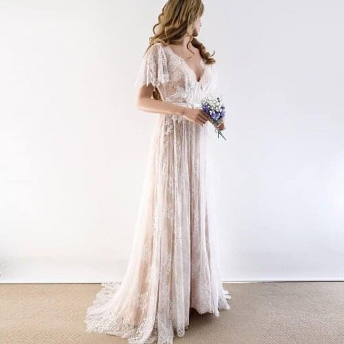 Boho Wedding Dress 2020 V Neck Cap Sleeve Lace Beach Wedding Gowns Cheap Backless Custom Made Bridal Gown