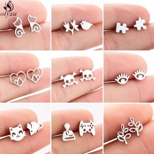 Cute Stainless Steel Animal Stud Earrings for Women Kids Fashion Skull Cat Puzzle Mouse Leaf Earings Jewelry Pendientes Gifts