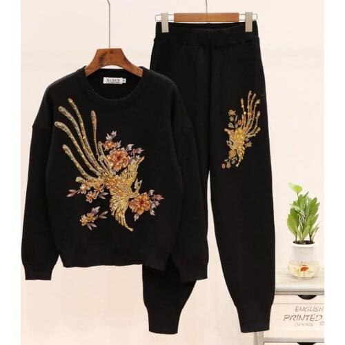 Great quality diamond beading knit suits female heavy industry beading flower long sleeve sweater + pants two pieces sets F173