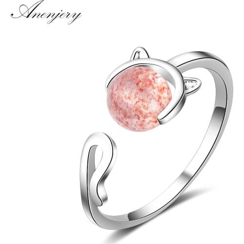 ANENJERY 925 Sterling Silver Sweet Natural Strawberry Crystal Cat Opening Ring For Women Girl Gift Jewelry anel S-R373