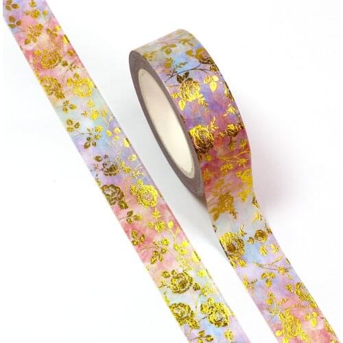 1PC 15MM*10M Foil Spring Gold Pink Flowers Leaves Decorative Washi Tape DIY Scrapbooking Masking Tape School Office Supply