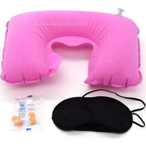 100sets 3 in 1 Neck Pillow Car Travel Set Inflatable U-Shaped Soft Pillows Air Cushion Sleeping Eye Mask Eyeshade Earplugs