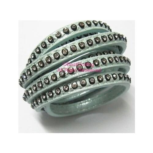 6x2mm Metallic turquoise Flat rhinestone leather cord 6mm flat leather cord