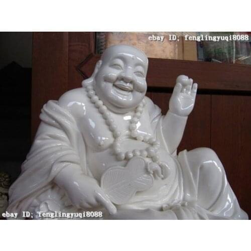 Free shipping 12"Chinese Folk Pottery White porcelain Happy Bead Maitreya arhat Buddha Statue Discount 55