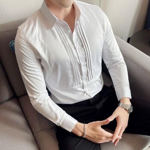 Plus Size 4XL-M Autumn New Solid Long Sleeve White Shirt Men Clothing Simple Front Fold Design Slim Fit Casual Chemise Homme Hot