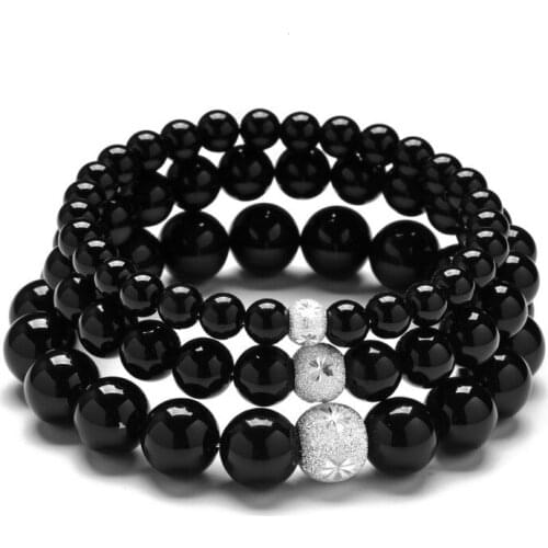 6mm/ 8mm/10mm Bright Black Stone Beads Bracelet Super Ball Beads Hand String Female Male Couples Strench Jewelry