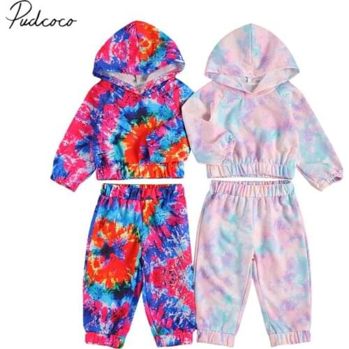 Infant Kids Baby Girls 2Pcs Tie-dyed Sports Suit, Long Sleeve Hooded Sweater Top with Elastic Long Pants for Daily Sportwear