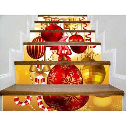 6pcs/set 18cm x 100cm Happy Merry Christmas Red and Golden Christmas Balls Stairs Sticker Wallpaper LTT048