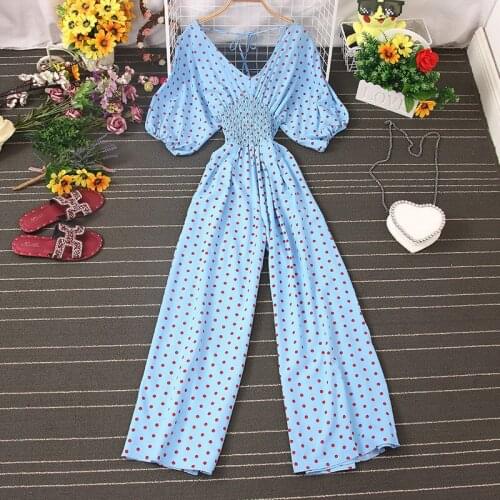 Women Short Sleeve V-neck Chiffon Waist Wide Leg Jumpsuit New 2021 Summer Fashion Ladies Dot Printed Versatile Rompers Korean