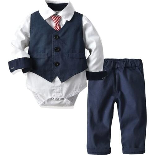 Baby Boy Clothes Suit Romper Gentleman Tie Formal Vest Romper 9 12 18 24 Months White Shirt Party Birthday Kid Clothing Sets