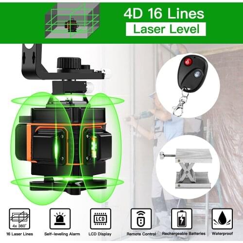 16 Lines 4D Green Laser Level Self-Leveling Wireless Remote 360 Horizontal & Vertical Cross Lines With Battery & Wall Bracket