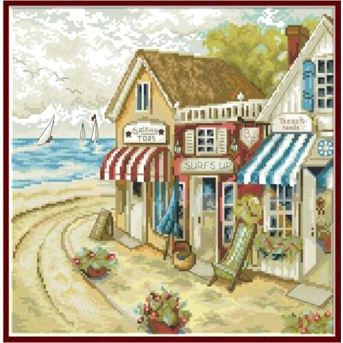 Shop by The Sea Counted Cross Stitch Kits Embroidery Needlework Sets Printed Pattern 11CT 14CT DIY Handmade Home Decor Paintings