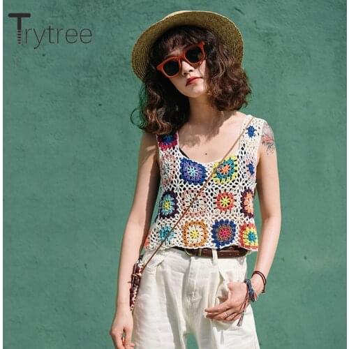 Trytree 2021 Summer Casual Women Tank Top Knitted Colors Floral Sexy Hollow Out Holiday Fashion Ethnic Style Vest Tops for Women