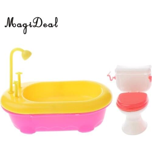 1Set 1/6 Miniature Bathtub+Toilet Model Dollhouse Miniature Bathroom Furniture for Dolls Acc Kids Children Role Playing Toys