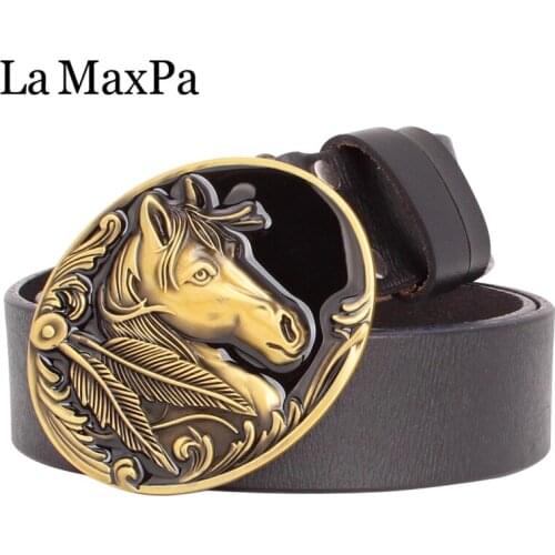 Fashion mens belt horse buckle golden horse head cow skin leather belt 3.8 cm pin buckle Horse belt for men gift
