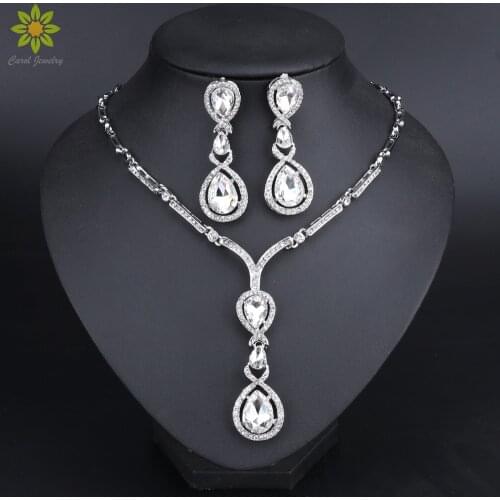 Jewelry Sets For Women Water Drop Crystal Necklace Earrings Set Silver Color Party Wedding Bridal Dress Accessories