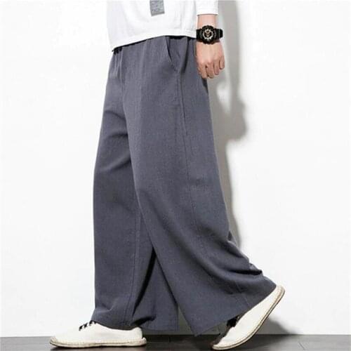 New Vintage Men Wide Leg Pants Natural Breathable Cotton Linen Pants Solid Straight Long Pants Plus Size M-7XL Black Khaki