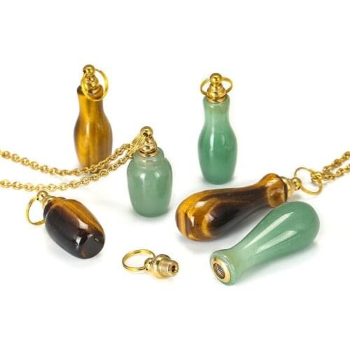 Natural Stone Tiger Eye Green Aventurine Pendant Necklace Essential Oil Perfume Bottle Thread Track Fragrance 2Colors for Choice