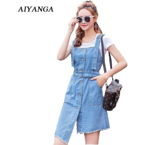 Spaghetti Strap Denim Dress Women Spring Summer 2018 Female Fashion Single-breasted Asymmetry Hem Jeans Strap Dress Casual Chic