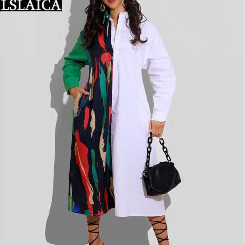 Dresses 2021 Womens Autumn Long Sleeve Color Matching Loose Fashion Shirt Dress Streetwear Office Lady Casual Long Sleeve Robe