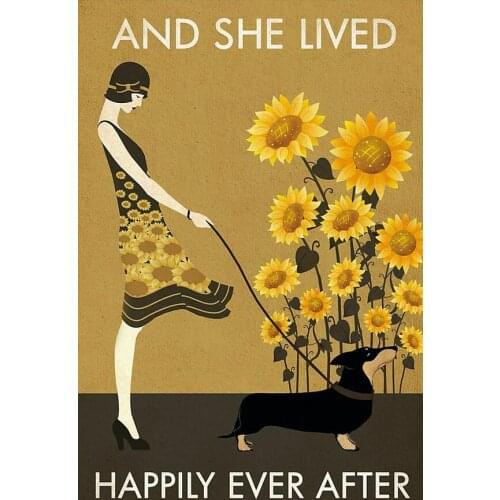 Sunflower Vintage Girl Lived Happily Dachshund Art Film Print Silk Poster for Your Home Wall Decor 24x36inch
