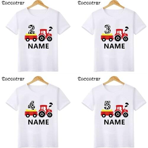 Tractor Car Pulling Cartoon Boys T-shirt 1 2 3 4 5 6 7 8 9 Years Birthday Customize Name Kids T shirt Baby Girl Clothes,HKP2497