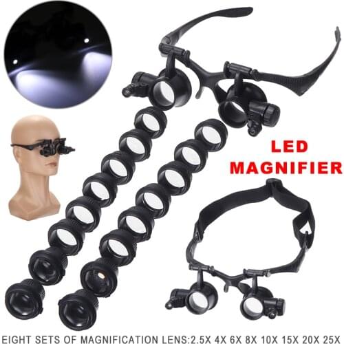 Double Eye Head Magnifier Magnifying Glass Loupe With LED Light Electronic Repair Reading Tool 2.5X 4X 6X 8X 10X 15X 20X 25X