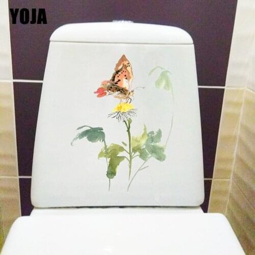 YOJA 17X22.6CM Ink Flower Butterfly Classic Toilet Seat Stickers Personality Home Room Wall Decor T1-2068