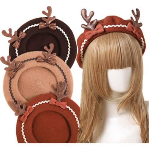 Womens hat DIY handmade Christmas fawn Lolita bow beret hat autumn winter girl painter hat fashion wild antler hat walking hat