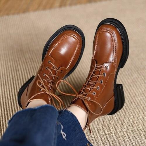 New Womens Ankle Boots Genuine Leather Motorcycle Boots Women Autumn Platform Shoes Thick Heel Cross-tied Short Boots Women