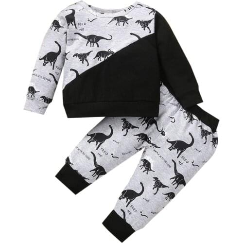 Clothes For Newborns 2Pcs Cotton Tracksuit For Chilren Sloping Stitched Dinosaur Print O-Neck Long Sleeves Sweatshirt Pants Boys