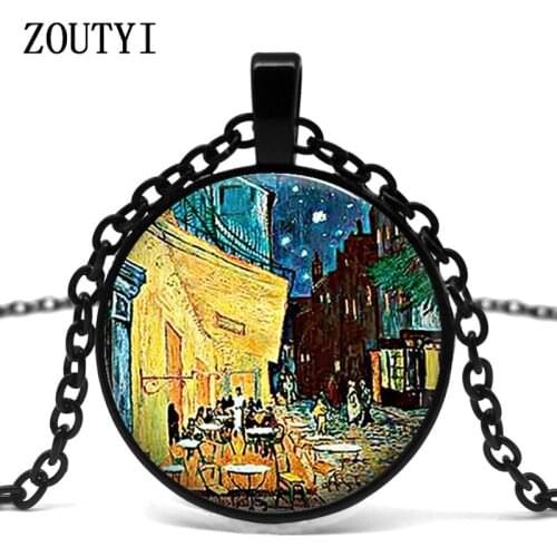 2018/Van Gogh Cafe Terrace Art Pendant Art Glass Cabochon Jewelry Bistro Restauranteurs Gift Long Chain Ms. Necklace