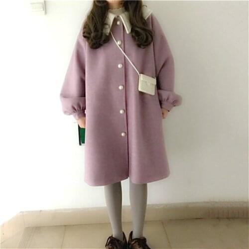 2021 Winter Purple Cute Coat Women Single Breasted Warm Wool Coat Female Loose Button Coat Jacket Japanese Overcoat
