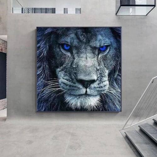 Abstract Blue Eyes Lion Canvas Painting Modern Wildlife Animal Posters and Prints Wall Art Pictures for Living Room Home Decor