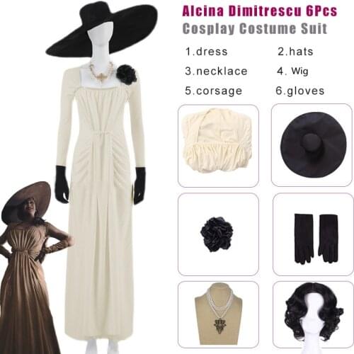 Anime dress леди димитреску lady dimitrescu Cosplay costumes Womens light yellow Long Dresses Pearl Necklace Girl Long Skirt