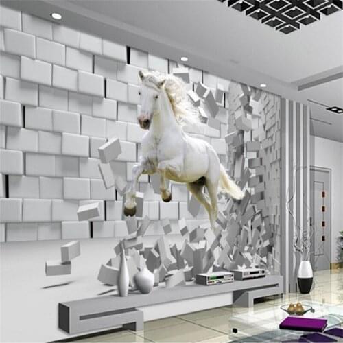 Beibehang beibehang Large custom wall broken wall white horse 3D TV living room bedroom sofa background murals decoration