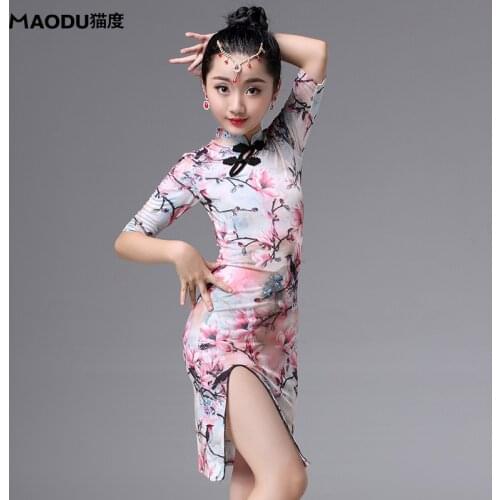 Turtleneck Flower print placketing Latin dance one-piece dress for little girl/children ballroom Chinese Style costume MD8123