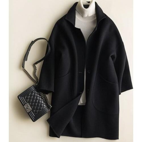 Double-sided 100% Wool Coat Female Jacket Black Oversized Long Coat Korean Womens Coats Overcoat Manteau Femme SNJ1888 KJ6058