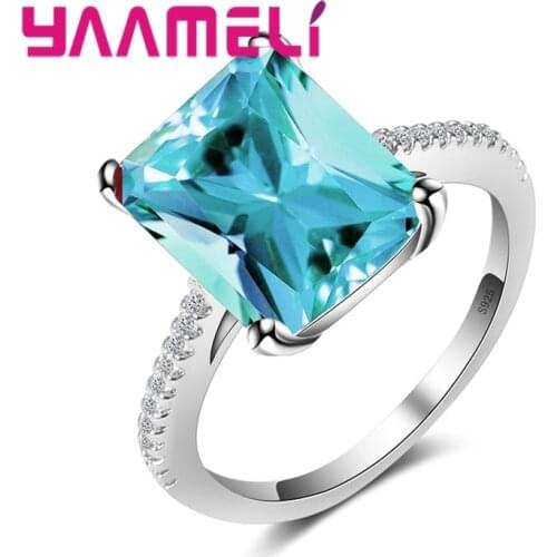 Real 925 Sterling Silver Bridal Women Wedding Promise Rings With Big Cut Square Crystals 5 Colors Fashionable Bague
