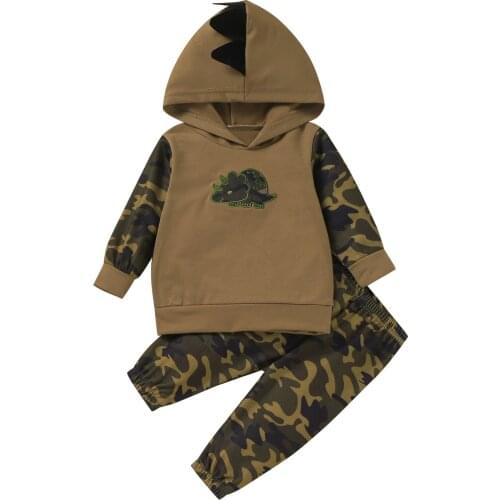 0-24M Baby Boys Camouflage Clothes Set, Dinosaur Print Long Sleeve Hooded Tops+Trousers
